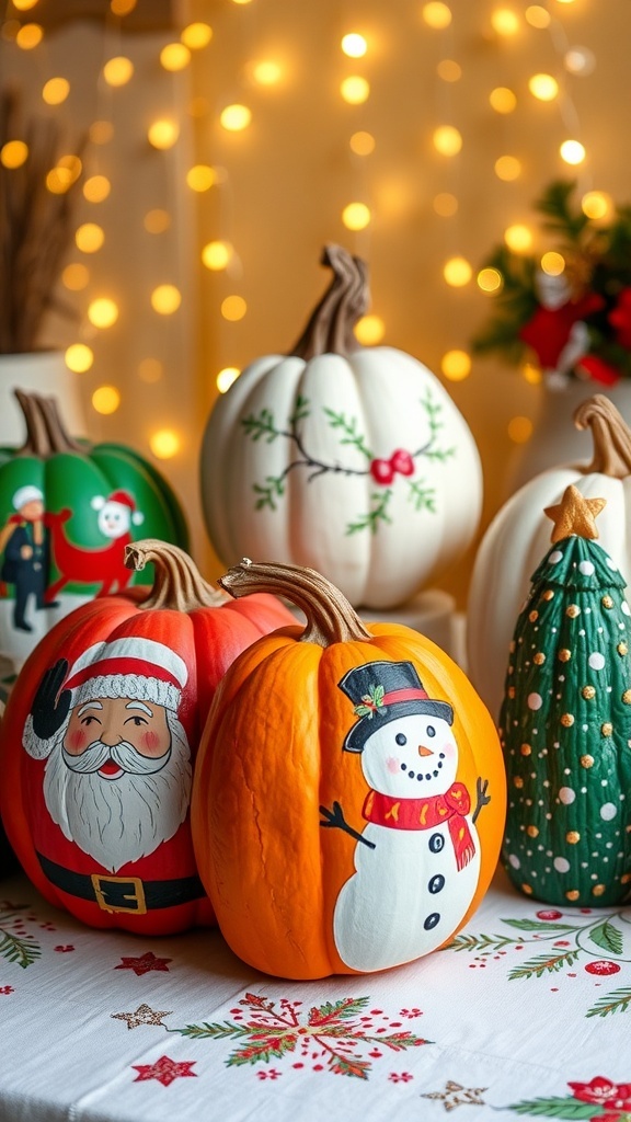 Colorful Christmas-themed painted pumpkins including Santa, snowman, and Christmas tree designs on a festive table.